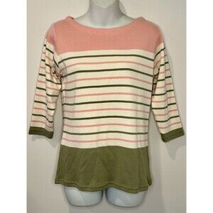 L.L. Bean Green Pink Stripe Boat Neck 3/4 Sleeve Knit 100% Cotton Top Sz XS EUC!